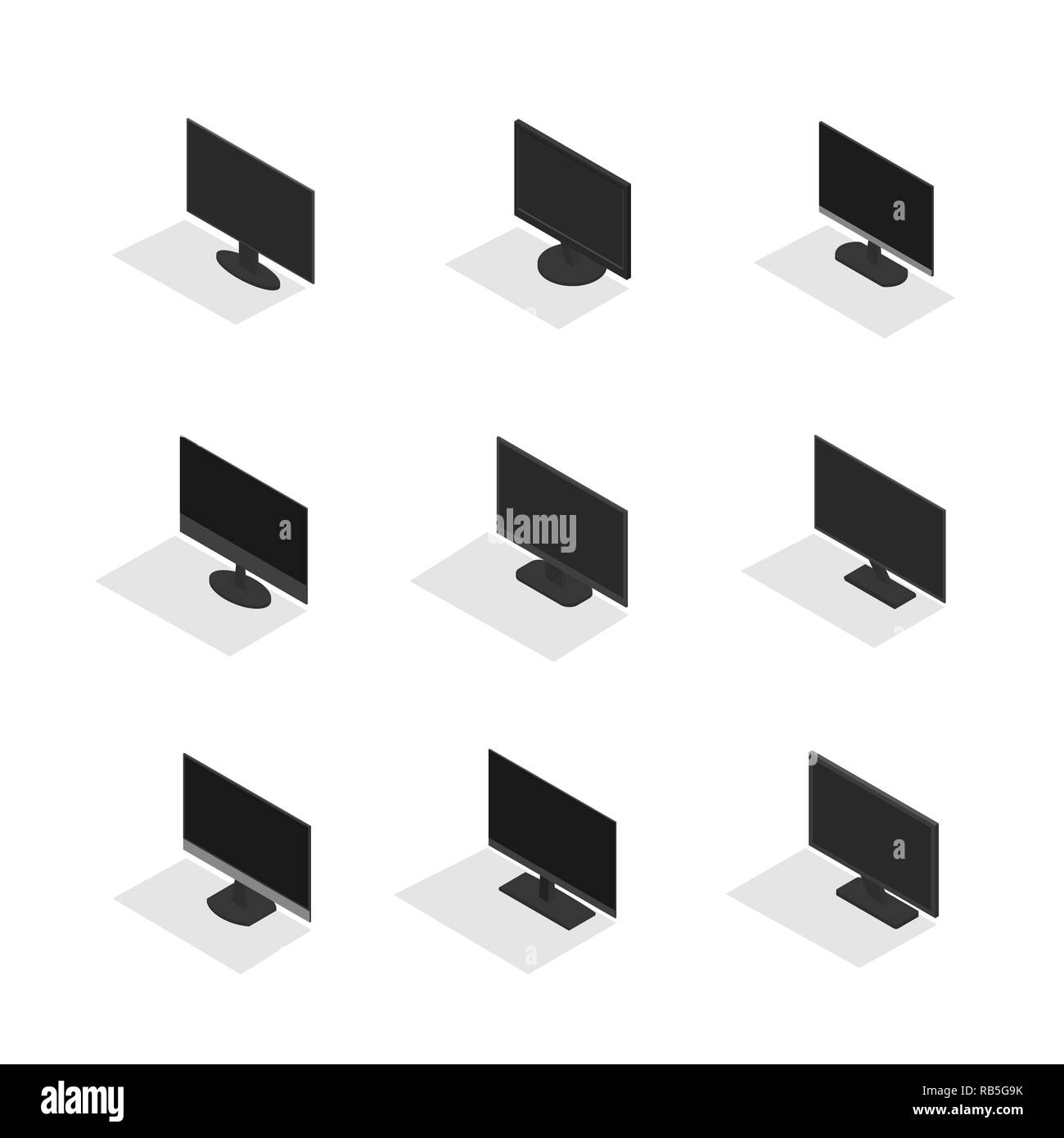 Set di vari monitor di computer, isolati su sfondo bianco. Elemento di progettazione di dispositivi digitali. Appartamento 3D isometrica stile, illustrazione vettoriale. Illustrazione Vettoriale