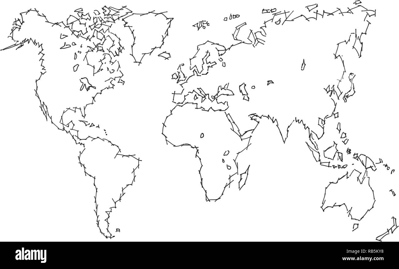 Digital abbozzato illustrazione di una mappa del mondo, disegnata con linee ruvida Foto Stock