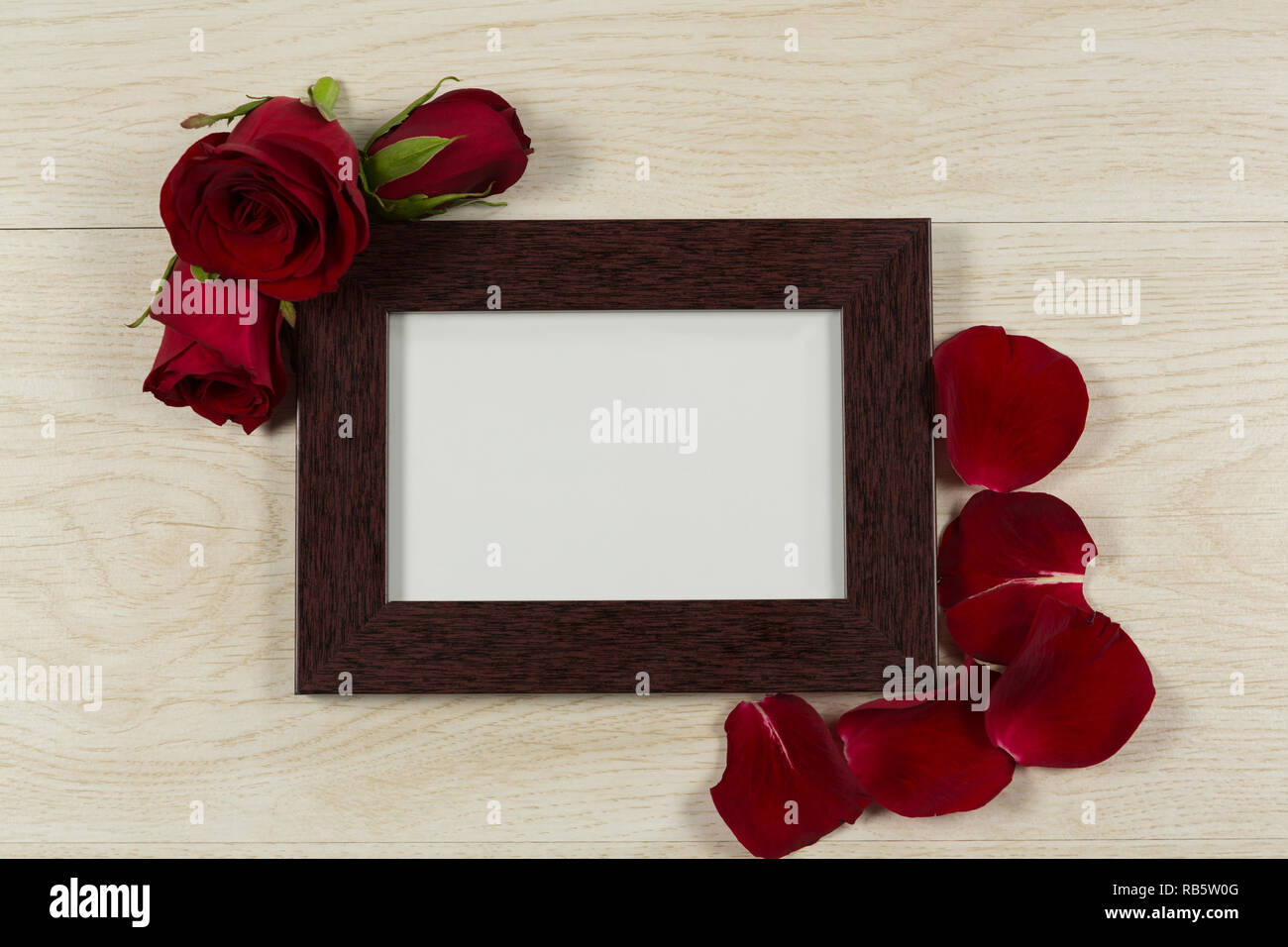 Svuotare il photo frame con fiori di rose e petali Foto Stock