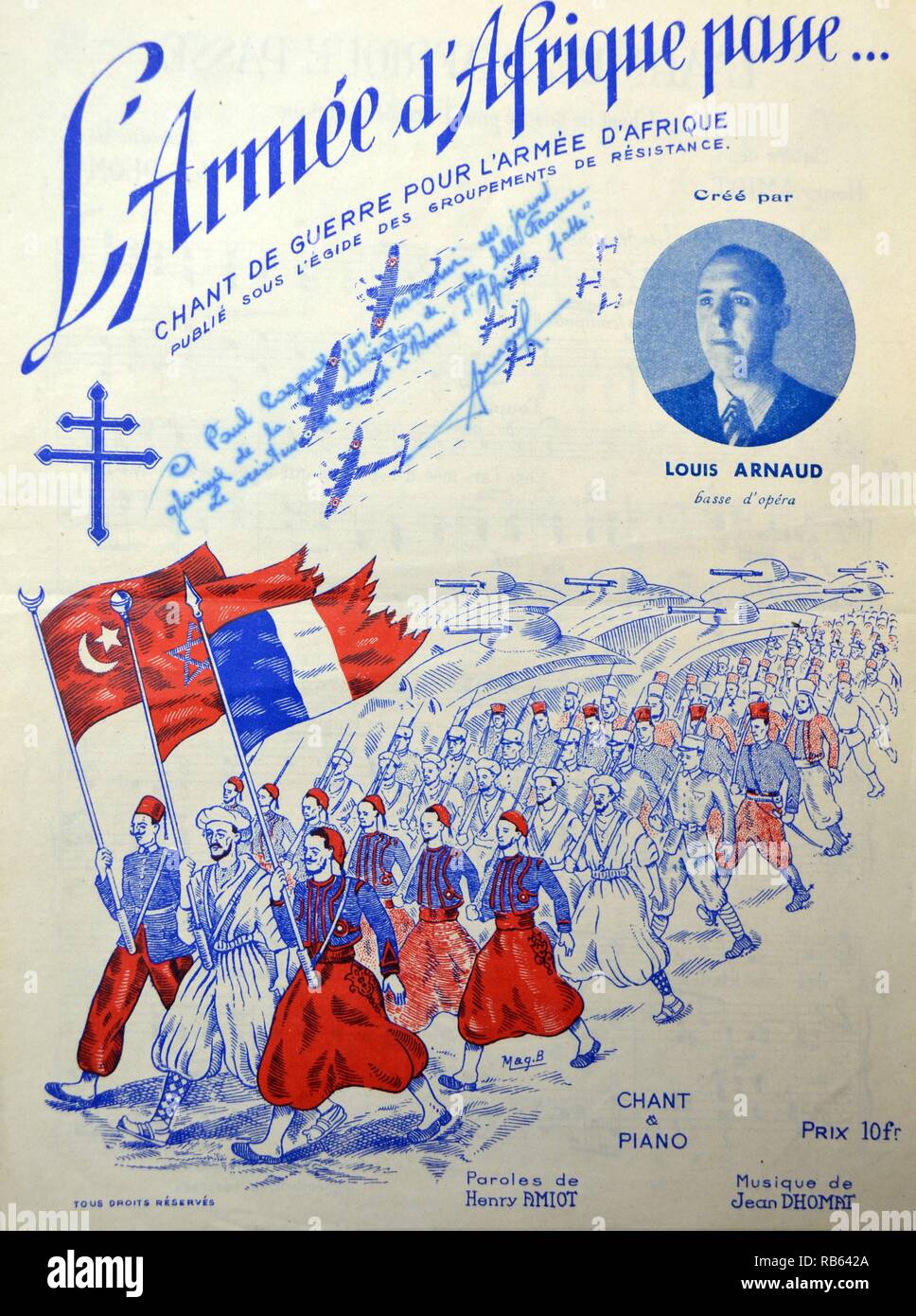 Coperchio del francese canzone patriottica foglio 'La canzone di guerra per l'esercito africano' il compositore Louis Arnaud è mostrato a fianco di una colonna di soldati Zouave dalla Tunisia e Marocco. Foto Stock