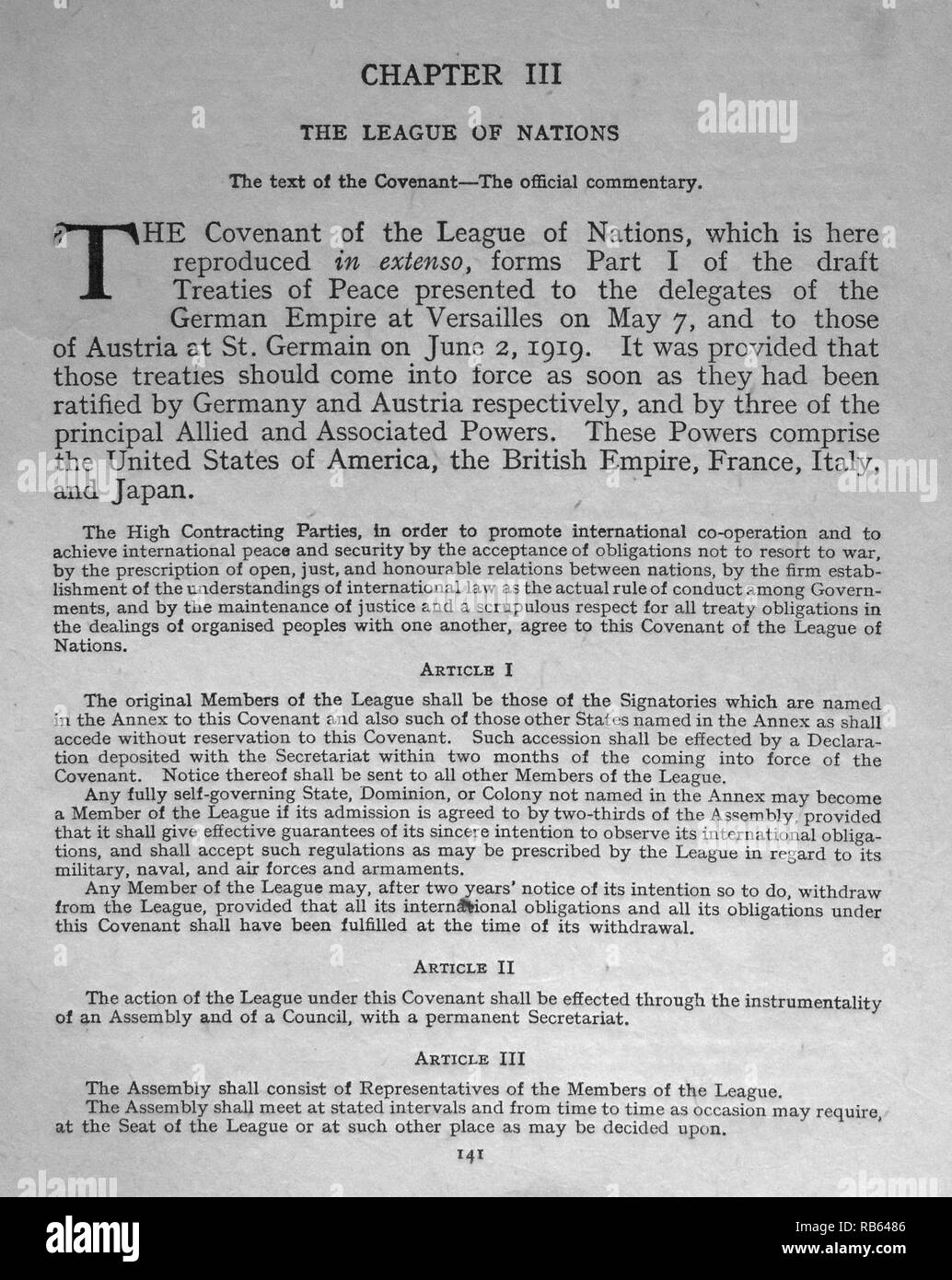 Il Patto della lega delle nazioni è stata la carta della lega delle nazioni. 1919 Foto Stock