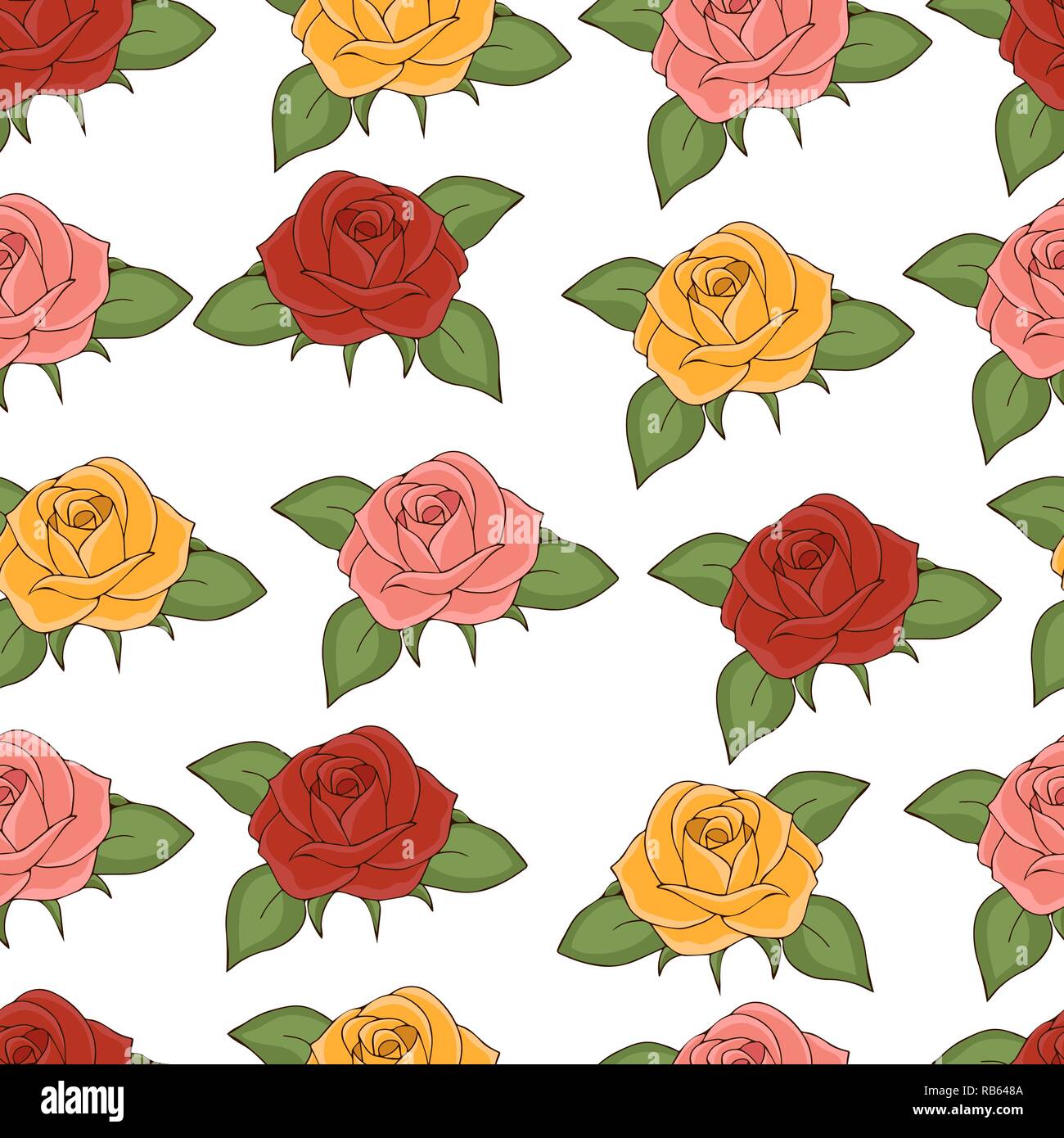 Le rose seamless pattern, del disegno a mano, illustrazione vettoriale. Disegnate boccioli di fiori di rosa, rosso, giallo, petali e foglie verdi su sfondo bianco. Per Illustrazione Vettoriale