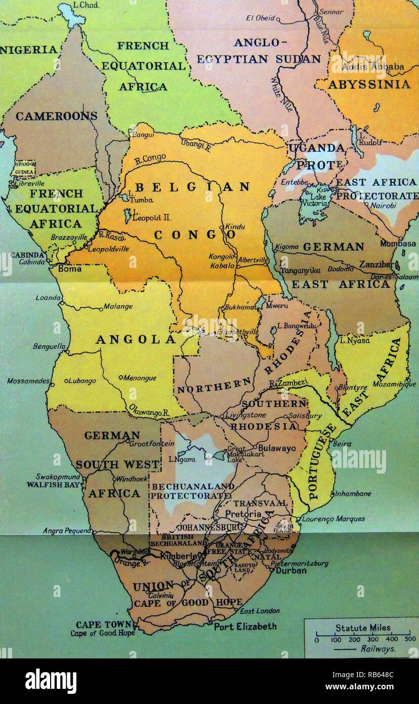 Mappa di Africa centrale e meridionale nel 1914 Foto Stock