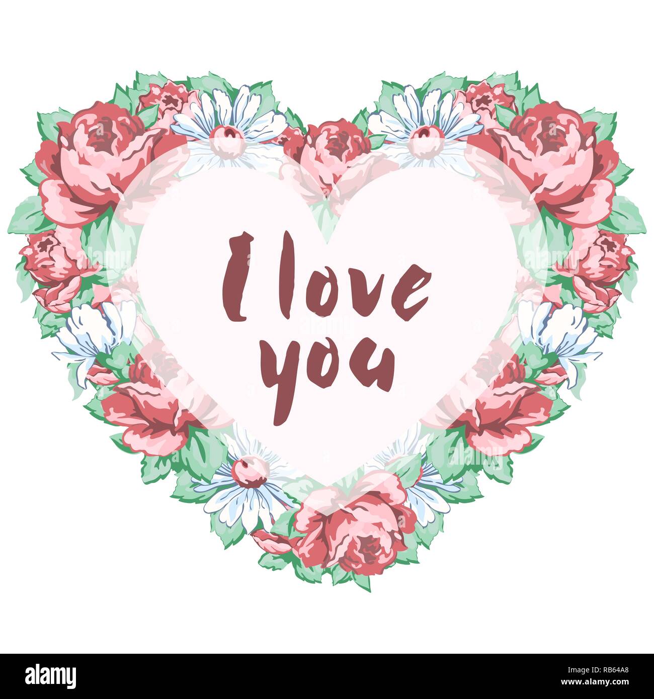 Ghirlanda di fiori rosa rose e margherite a forma di cuore con una iscrizione ti amo isolati su sfondo bianco, del disegno a mano, il vettore malato Illustrazione Vettoriale