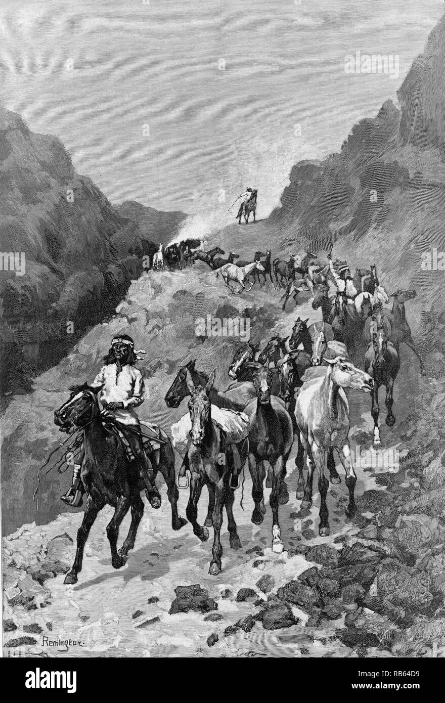Illustrazione di Frederick Remington di Geronimo e la sua banda di ritorno da un raid in Messico. Del 1888 Foto Stock