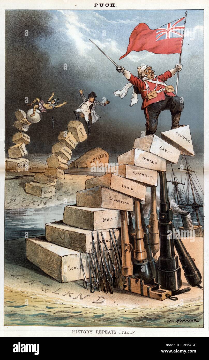 La storia si ripete da Giuseppe Keppler, 1885. Julius Caeser tumbling off di un pilastro di pietre etichettato 'Roma, Etruria, Gran Bretagna, Asia, [e] l'Africa", e a metà distanza, su una terra denominata " Francia ", Napoleone I tumbling off di un pilastro di pietre etichettato 'Egitto, Italia, Spagna, Olanda, Austria e Prussia, [e] La Russia' e caduta verso un isola rocciosa denominata 'St. Helena". In primo piano, John Bull è in piedi accanto ad un pilastro di pietre etichettato "cotland, Irlanda, Malta, Gibilterra, India, Australia, Cipro, Egitto, Sudan]' su una terra denominata "Inghilterra". Foto Stock