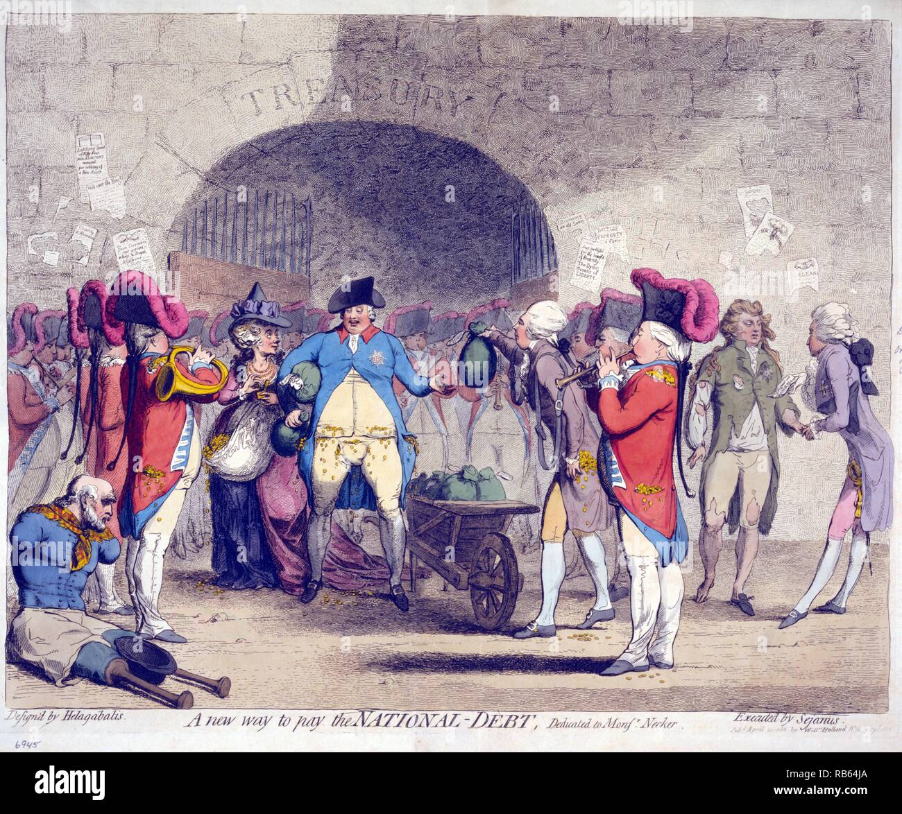Nuovo modo di pagare la nazionale-debito progettato da Helagabalis ;eseguito da Sejanus. La caricatura di James Gillray, 1786. Il re George III e Queen Charlotte in piedi davanti al tesoro, loro tasche ricche di monete (i fondi del tesoro a coprire i debiti reale), William Pitt, le sue tasche piene di monete, mani il re un altro moneybag presi da una carriola traboccante;il Principe di Galles, George IV, sorge a destra guardando i bisognosi; un quadriplegic siede sulla terra a sinistra con un rovesciato e vuoto hat tra gli stub delle sue gambe, che sono dotati di protesi. Foto Stock