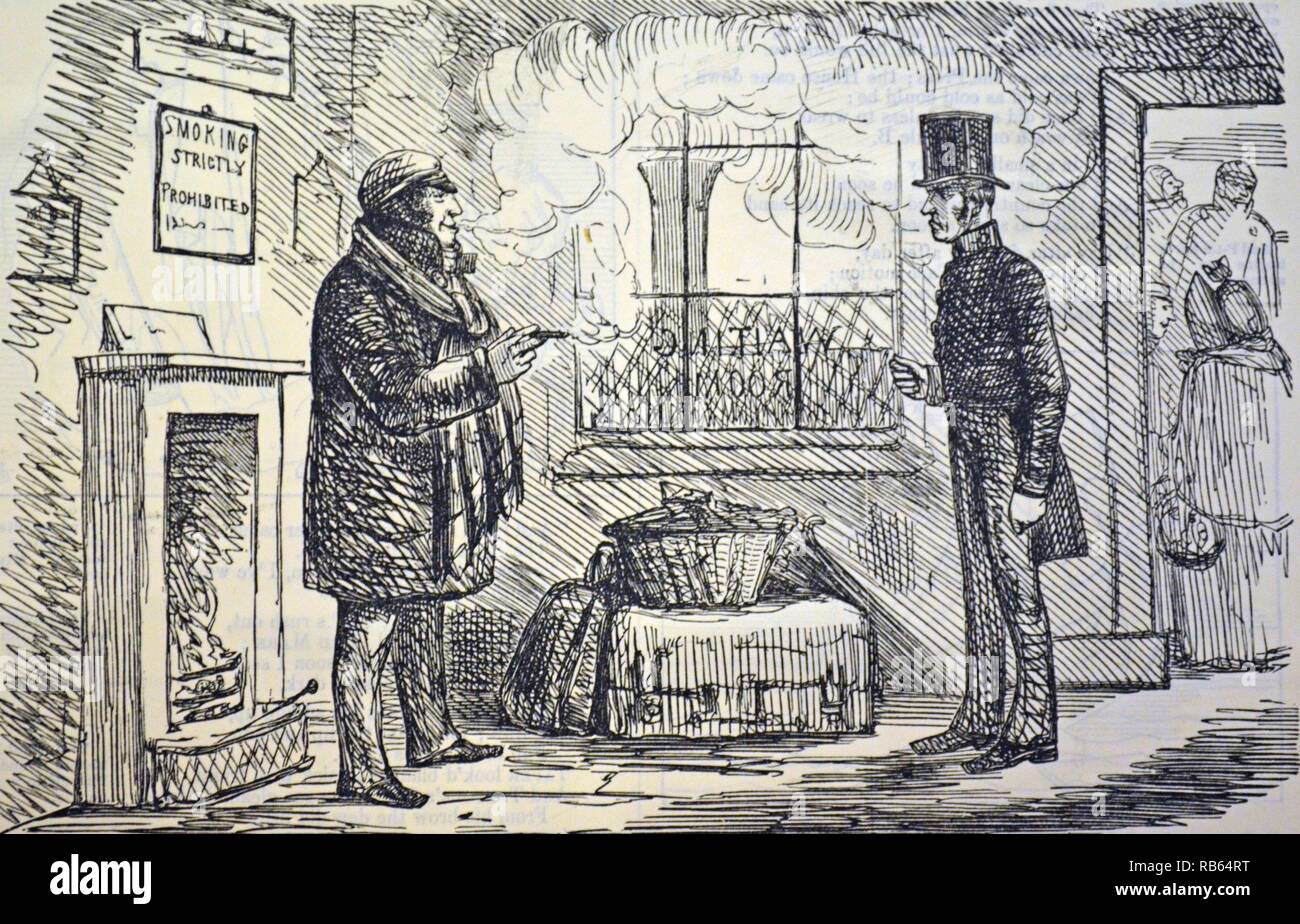 Il determinato fumatore di fronte ad un funzionario ferroviaria nella stazione in sala d'attesa. Anti-fumo Cartoon da ''Punch'', Londra, 1852. Foto Stock