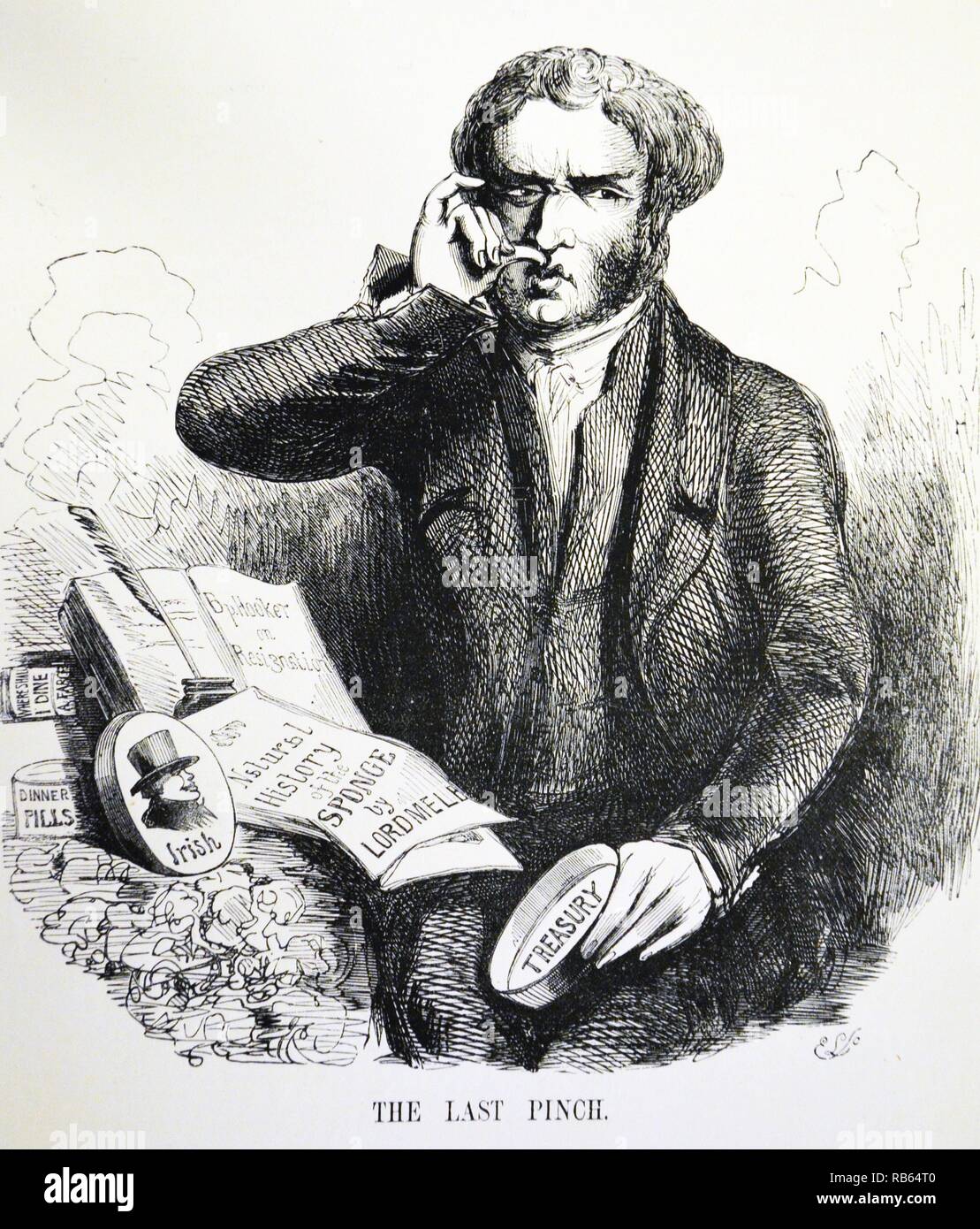 William agnello, secondo il visconte Melbourne (1779-1848), il Primo ministro britannico, prendendo un ultimo pizzico di tabacco da fiuto. La sua amministrazione è scesa nel mese di agosto 1841. Cartone animato da ''Punch'', Londra, 1841. Foto Stock