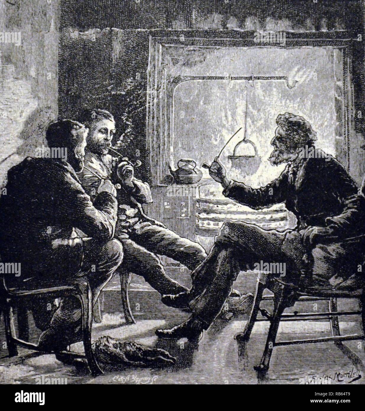 Gli uomini a parlare e fumare i loro tubi nella parte anteriore di uno scoppiettante fuoco di cucina. Incisione, Londra, 1888. Foto Stock