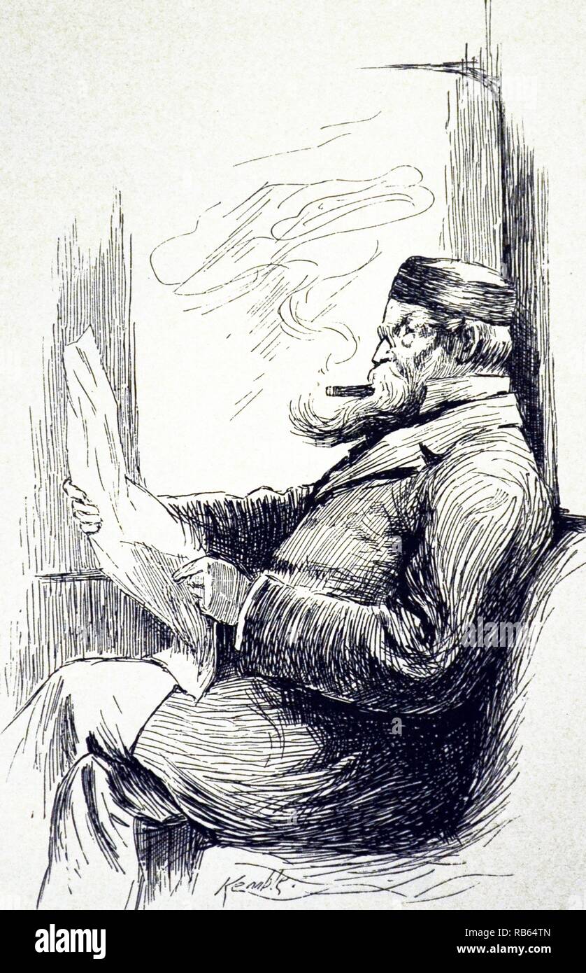 Uomo che indossa un cappello per fumatori godendo di un sigaro mentre si siede la lettura. Incisione, New York, 1885. Foto Stock