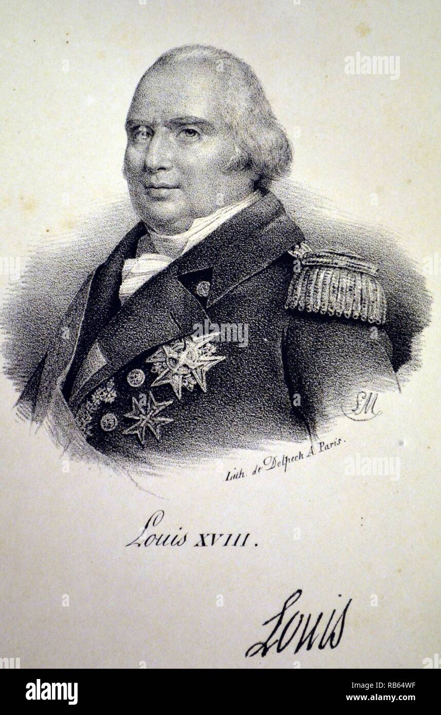 Luigi XVIII (1755-1824), Re di Francia 1795-1824, in esilio fino al 1814. Fratello minore di Luigi XVI. Litografia, Parigi, c1840. Foto Stock