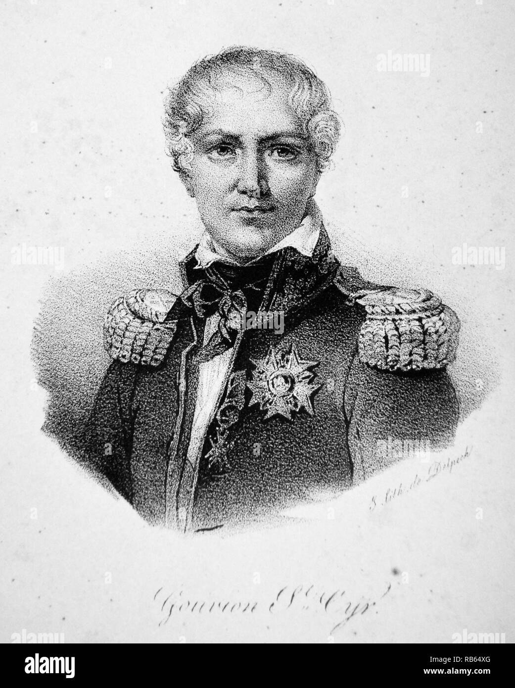 Laurent Marchese de Gouvion Saint-Cyr (1764-1830) soldato francese durig le guerre napoleoniche. Creato Maresciallo di Francia nel 1812. Dopo il restauro ha servito come un ministro sotto Louis XVIII. Litografia, Parigi, c1840. Foto Stock
