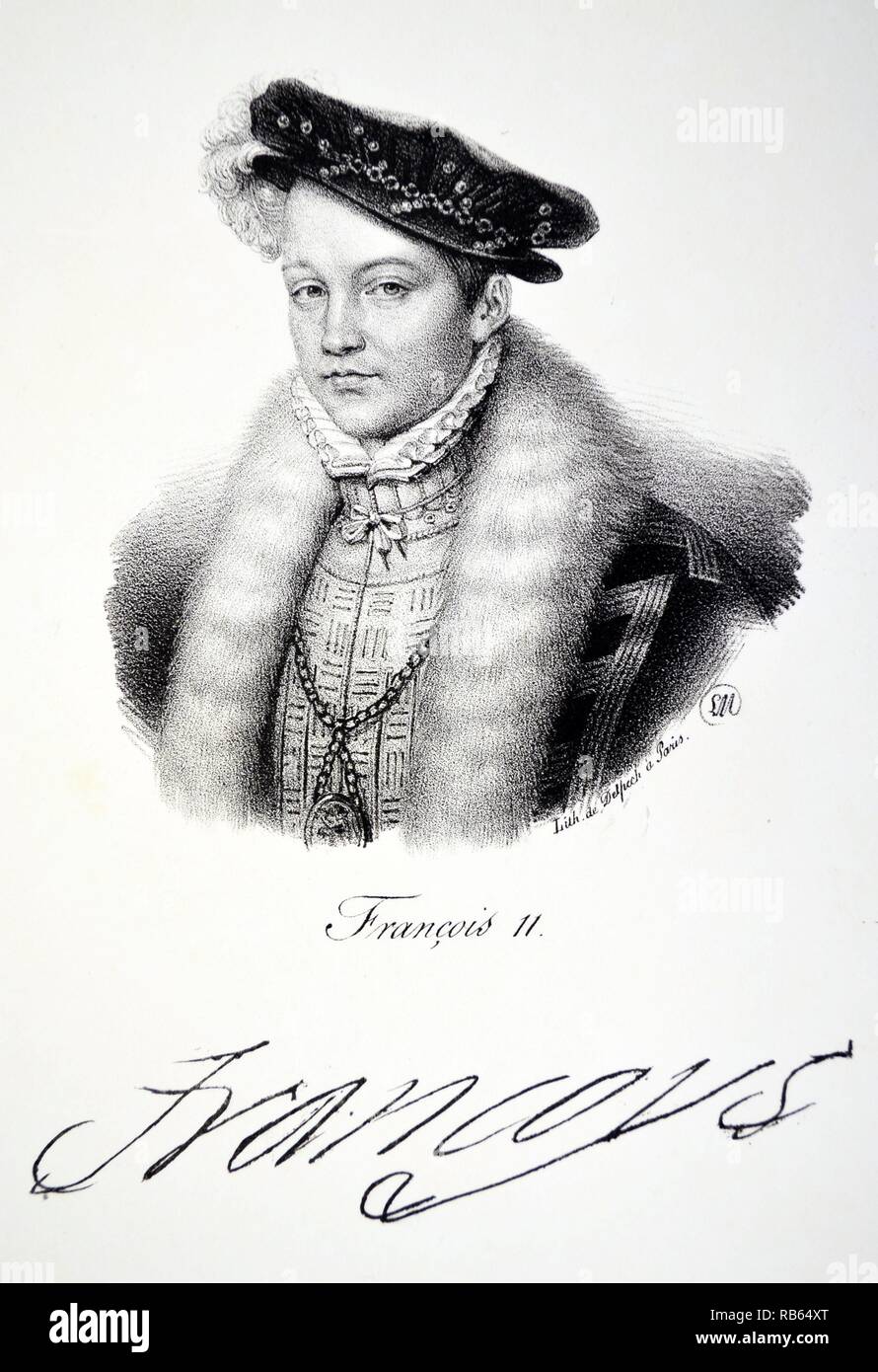 Francois II (1544-1560), Re di Francia 1559-1560. Sposò Maria Regina di Scozia nel 1558. Litografia, Parigi, c1840. Foto Stock