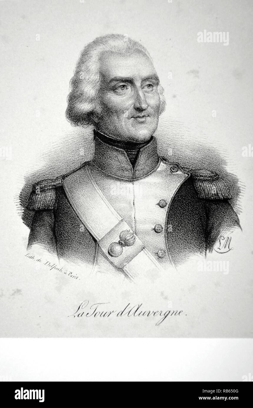 Theophile Malo corretta de la Tour d'Auvergne (1743-1800) esercito francese officer denominato "primo granatiere di Francia' da Napoleone. Ucciso nella battaglia di Oberhuasen 27 Giugno 1800. Litografia, Parigi, 1832. Foto Stock