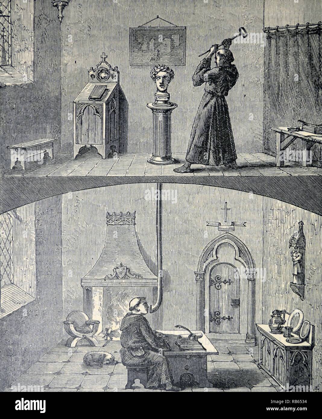 Parlando di testa Albertus Magnus beng devastata da un infuriato monaco. Testa in bronzo utilizzato per effettuare annunci profetica attraverso un tubo che parla. Attribuito a vari studiosi medievali tra cui Roger Bacon, Albertus Magnus e Boezio. Incisione, Londra, 1874. Foto Stock Parlando di testa Albertus Magnus beng devastata da un infuriato monaco. Testa in bronzo utilizzato per effettuare annunci profetica attraverso un tubo che parla. Attribuito a vari studiosi medievali tra cui Roger Bacon, Albertus Magnus e Boezio. Incisione, Londra, 1874. Foto Stock
