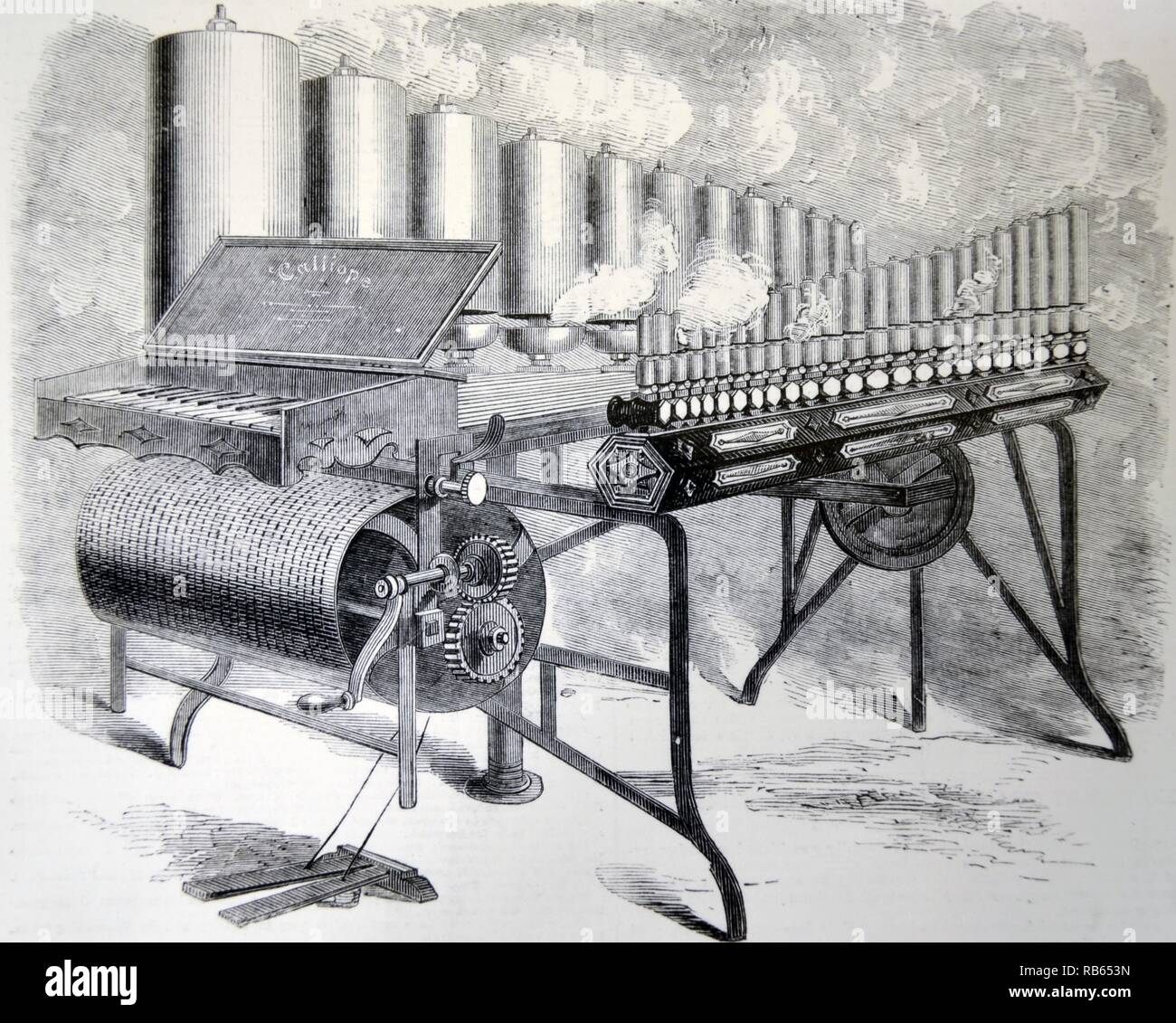 Arthur S. Denny's organo di vapore, la Calliope, esposte nel transetto principale del Crystal Palace di Londra. Dal ''l'Illustrated London News'', Londra, 1859. Foto Stock
