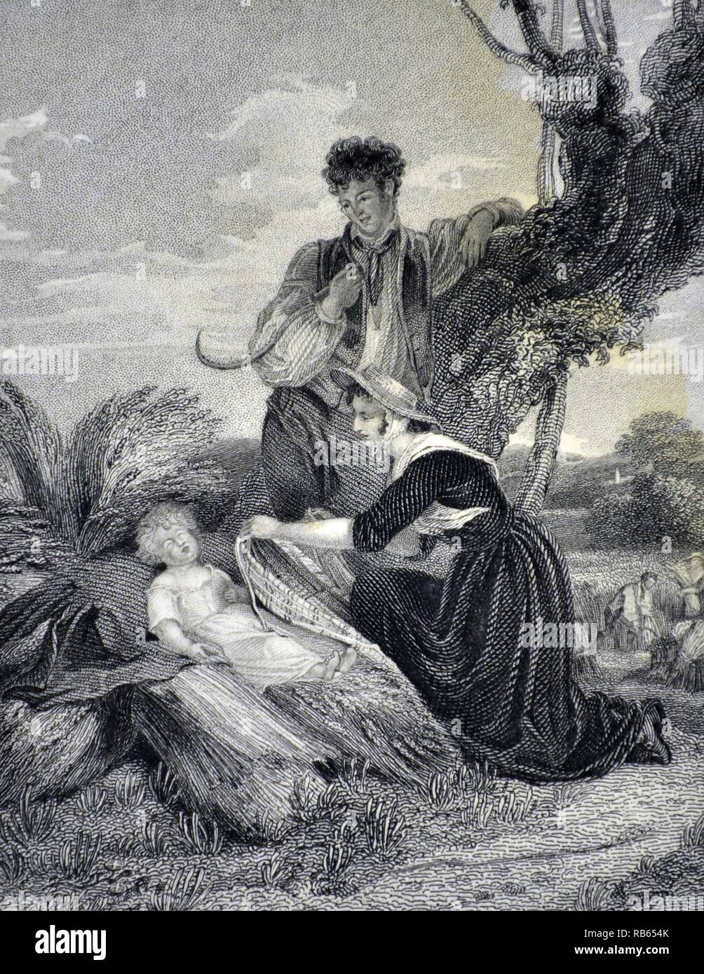Scena rustico della famiglia di riposo in campo di raccolto. Incisione, Londra, 1831. Foto Stock
