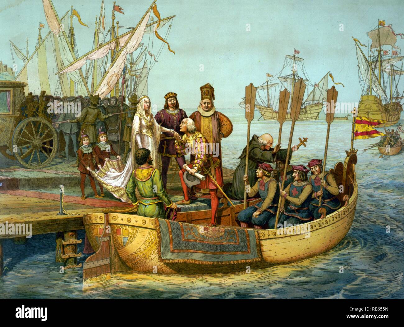 Il primo viaggio. Christopher Columbus addio alla regina di Spagna per la sua partenza per il Nuovo Mondo, 1492. Foto Stock