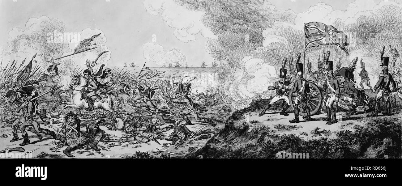 Invasione francese - o - Bonaparte lo sbarco in Gran Bretagna. Cartone animato che mostra Napoleone e il suo esercito sulla riva del mare, in fuga dai soldati inglesi con una bandiera britannica e di due cannoni su una bassa scogliera di sabbia. Foto Stock
