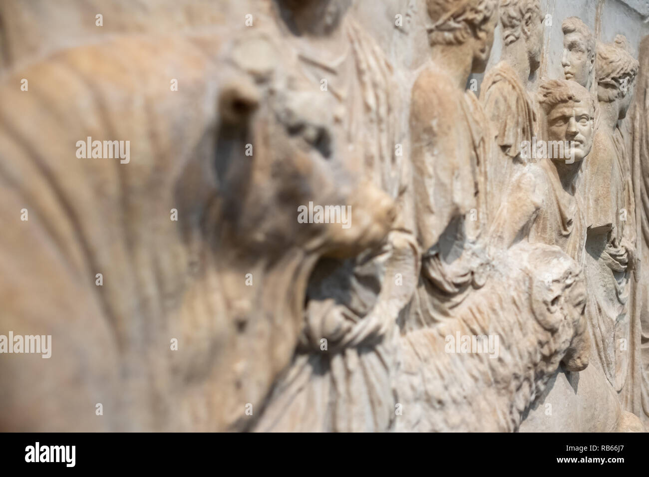 Frammento di un rilievo architettonico che mostra un sacrificio rituale, Impero Romano (Italia, Roma, 15-16 CE) sul display a Louvre Abu Dhabi , EMIRATI ARABI UNITI Foto Stock