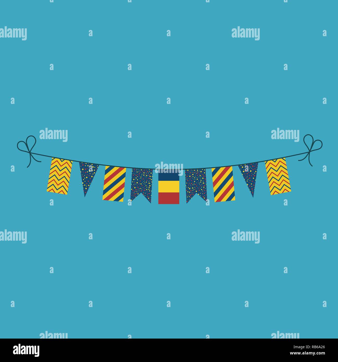 Decorazioni bunting flags per la Romania la giornata nazionale vacanze in appartamento di design. Giorno di indipendenza o giornata nazionale il concetto di vacanza. Illustrazione Vettoriale