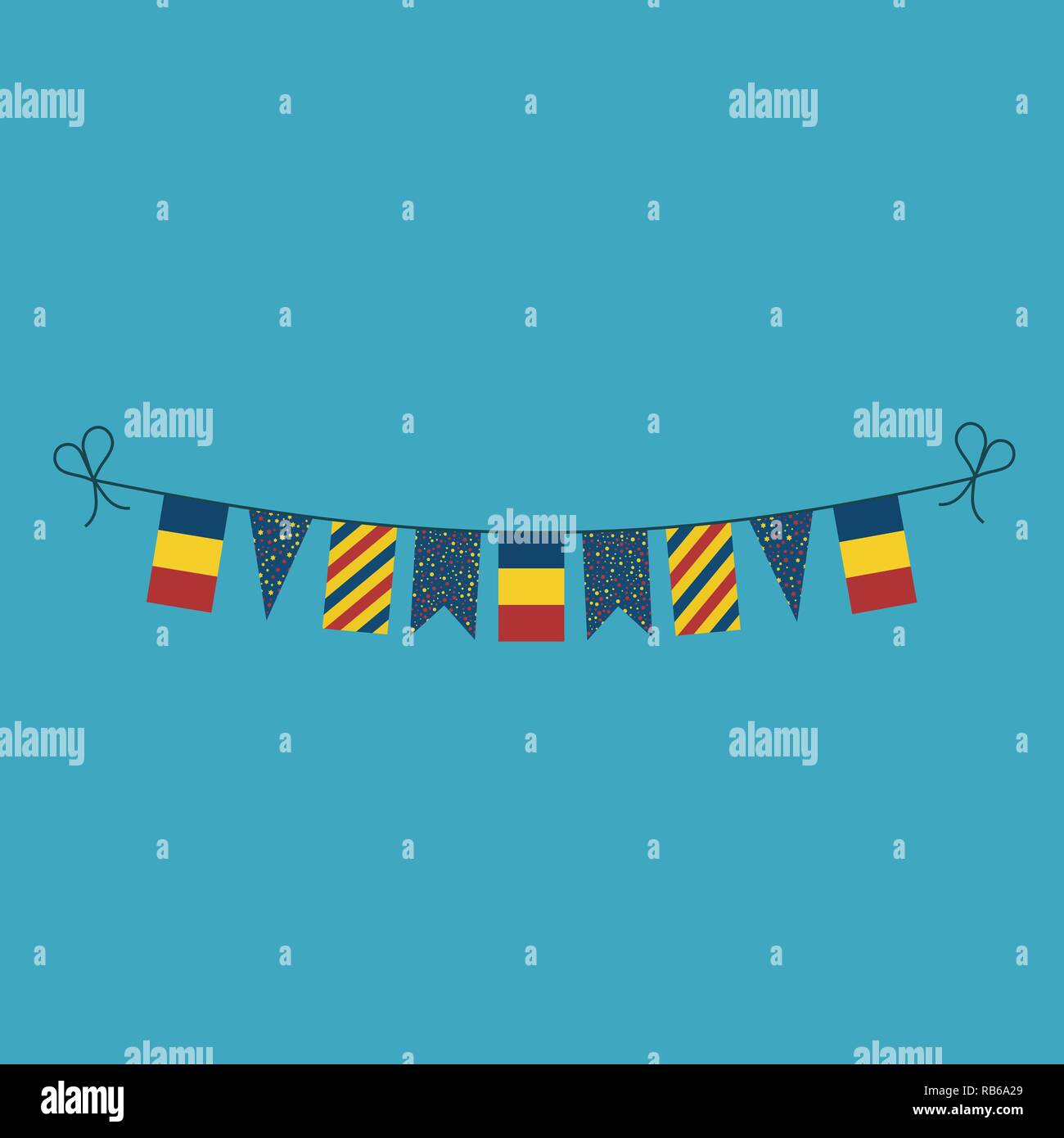 Decorazioni bunting flags per la Romania la giornata nazionale vacanze in appartamento di design. Giorno di indipendenza o giornata nazionale il concetto di vacanza. Illustrazione Vettoriale