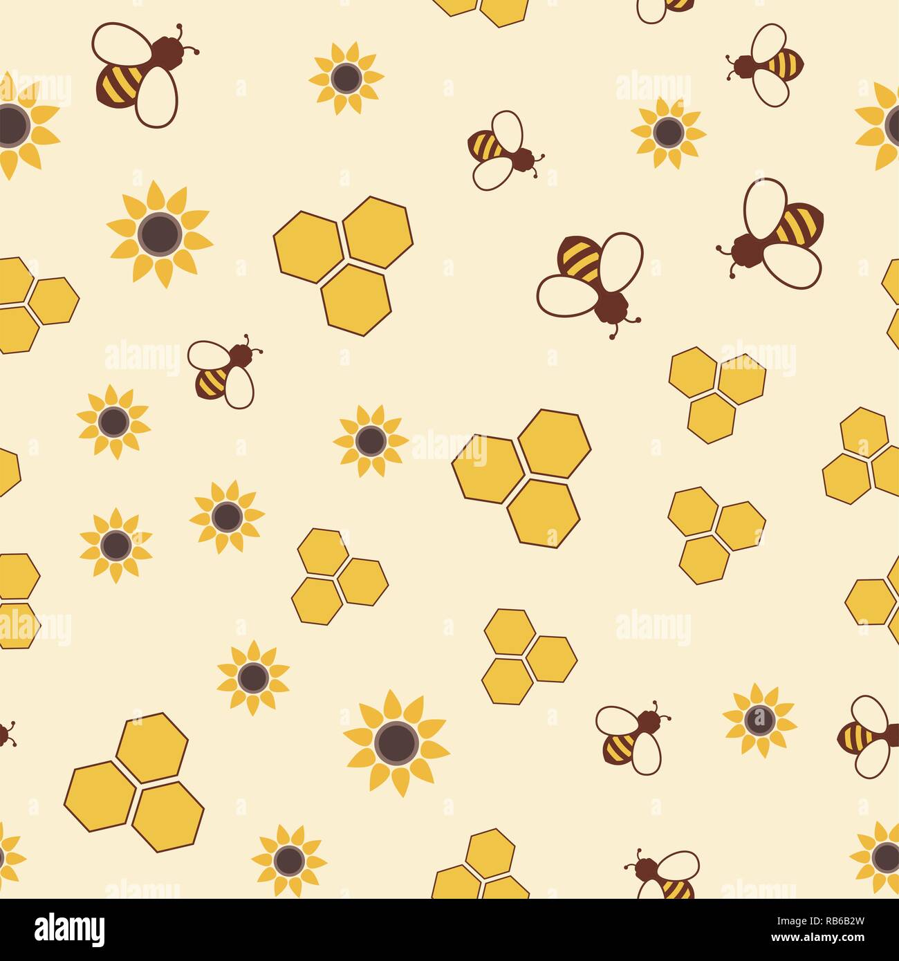 Vector seamless pattern con bee, favo di miele e fiori in simboli. colorato sfondo senza soluzione di continuità con le api da miele, honeycells e girasoli Illustrazione Vettoriale