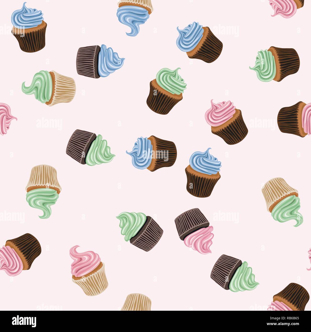 Vector seamless con sfondo colorato tortine. raccolta di dessert, compleanno e tortini di frutta. cake muffin con crema Illustrazione Vettoriale