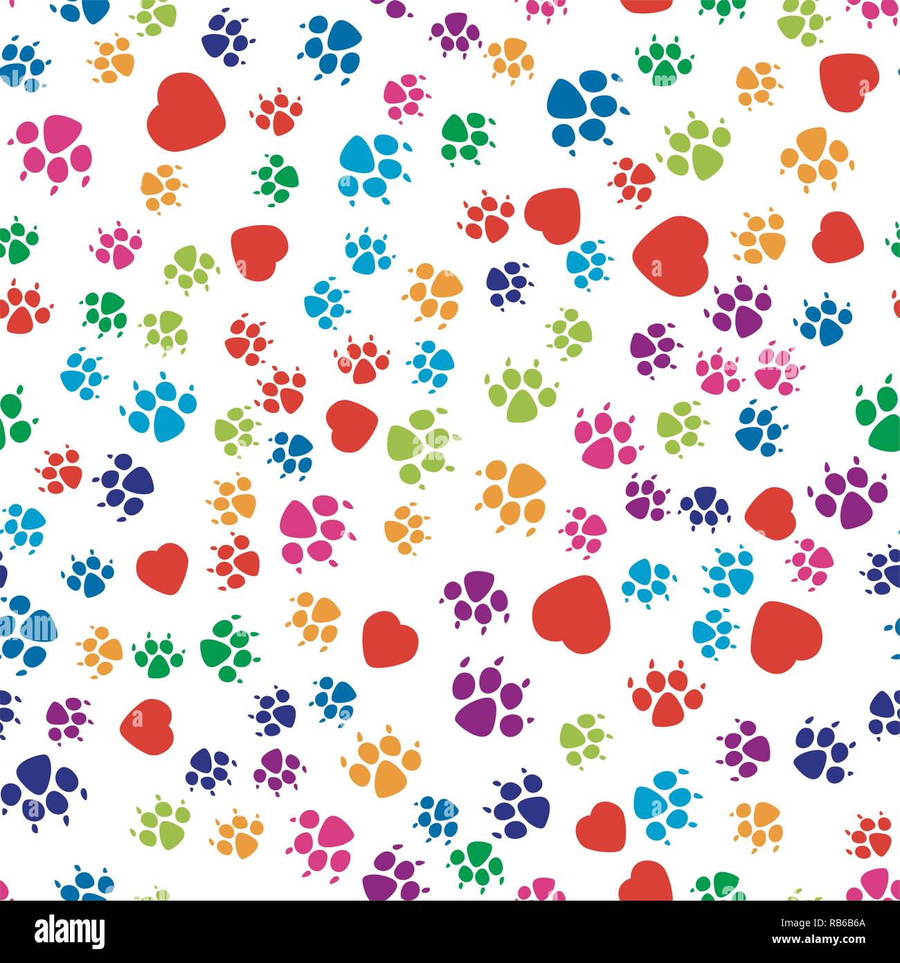 Vettore cane seamless pattern. colorato footprint del cane e cuore rosso simboli su sfondo bianco Illustrazione Vettoriale