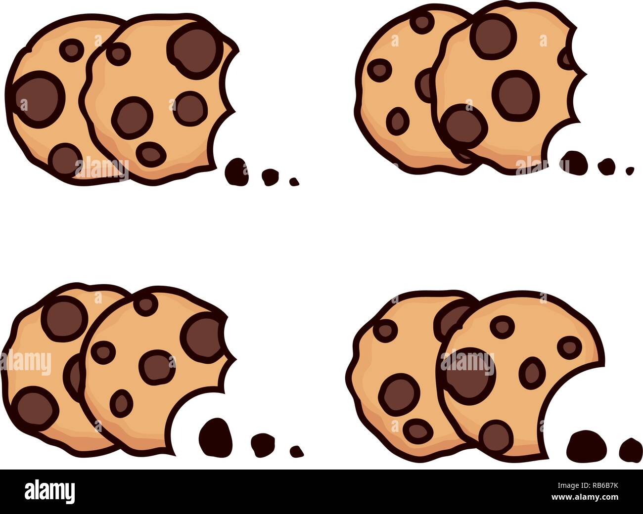 Set di vettore di chip di cioccolato morso cookies isolati su sfondo bianco. i simboli dei biscotti fatti in casa al cioccolato cookie con un morso e briciole. vista dall'alto di Illustrazione Vettoriale