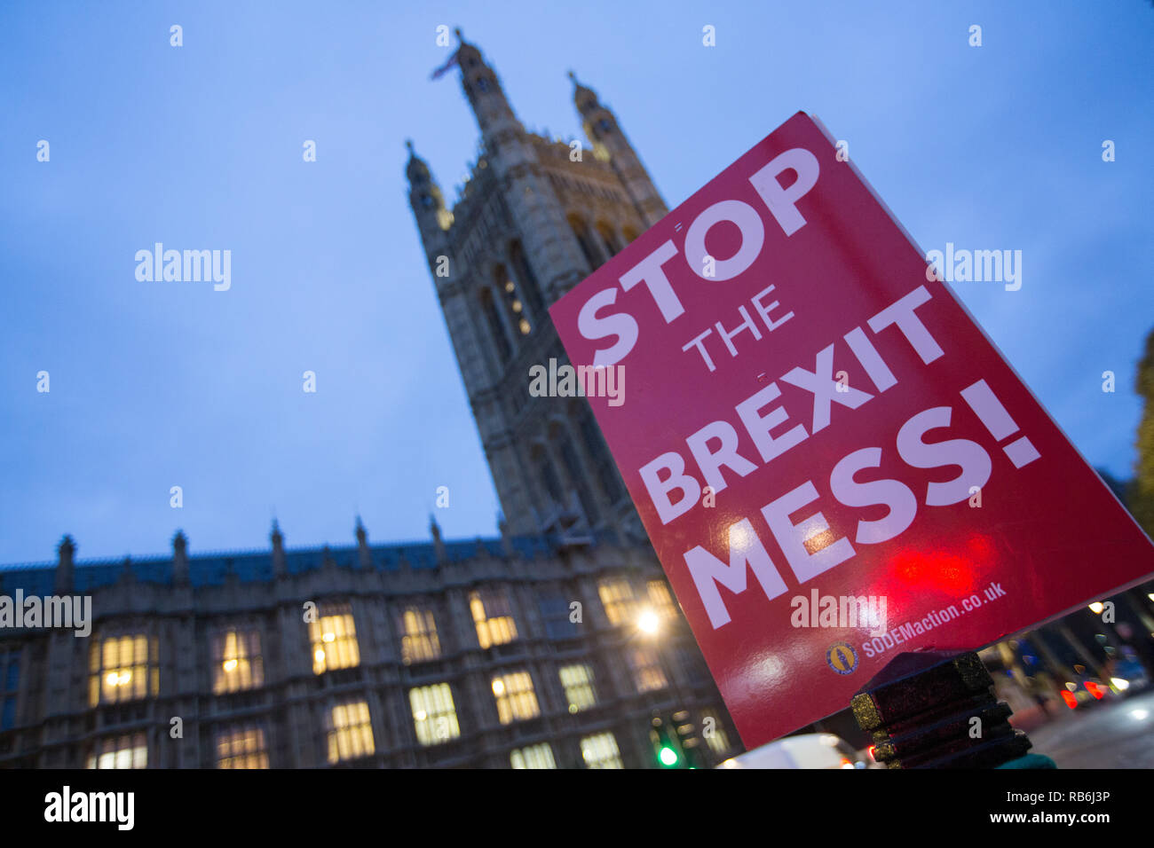 Westminster, Londra, Regno Unito. Il 7 gennaio 2019. Anti Brexit manifestanti demonstate fuori le case del Parlamento Credito: George Wright Cracknell/Alamy Live News Foto Stock