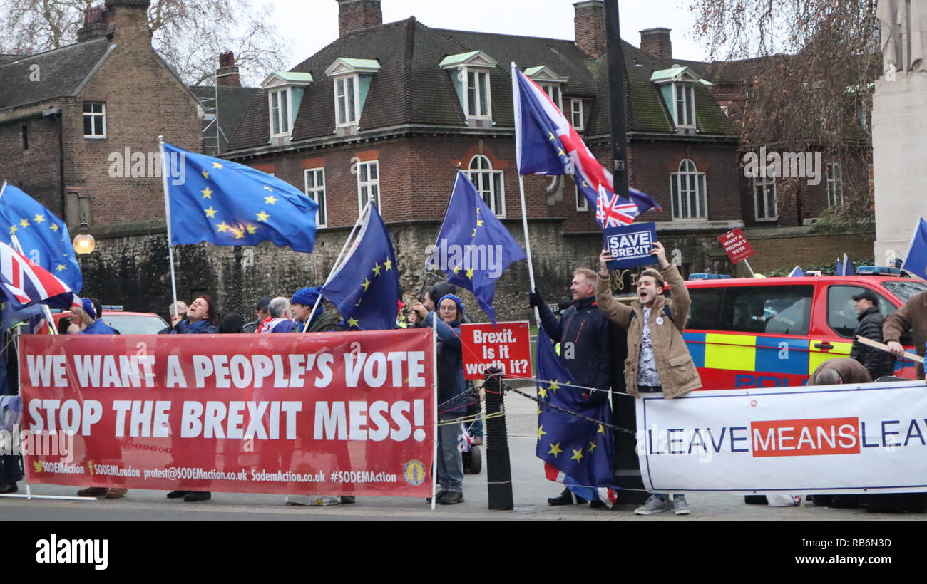 Pro Brexit contestatori tenendo su Banner " Vogliamo un voto popolare arrestare il Brexit pasticcio!' Pro Brexit contestatori tenendo su banner di fronte alla sede del Parlamento il 7 gennaio 2019. Questo sta accadendo perché di Brexit. Credito: Orlando Turner/Alamy Live News. Foto Stock