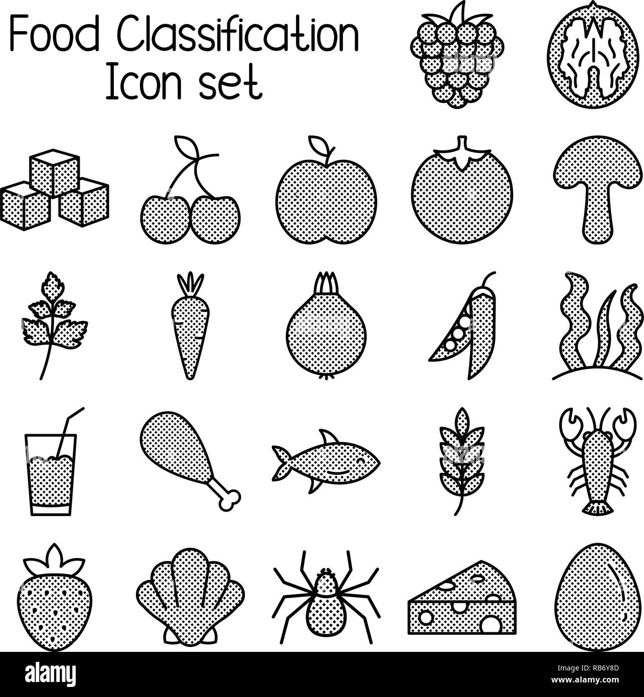 Classificazione alimentare icon set, pasto i simboli vettoriali. Illustrazione Vettoriale