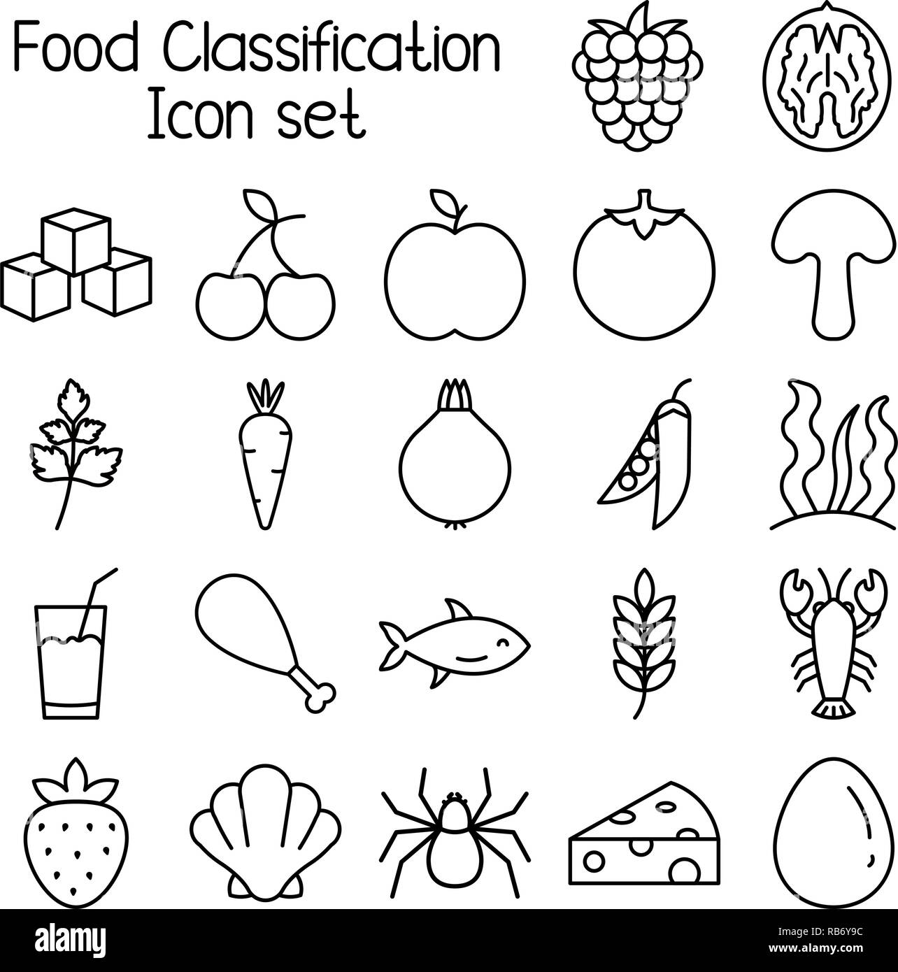 Classificazione alimentare icon set, pasto i simboli vettoriali. Illustrazione Vettoriale