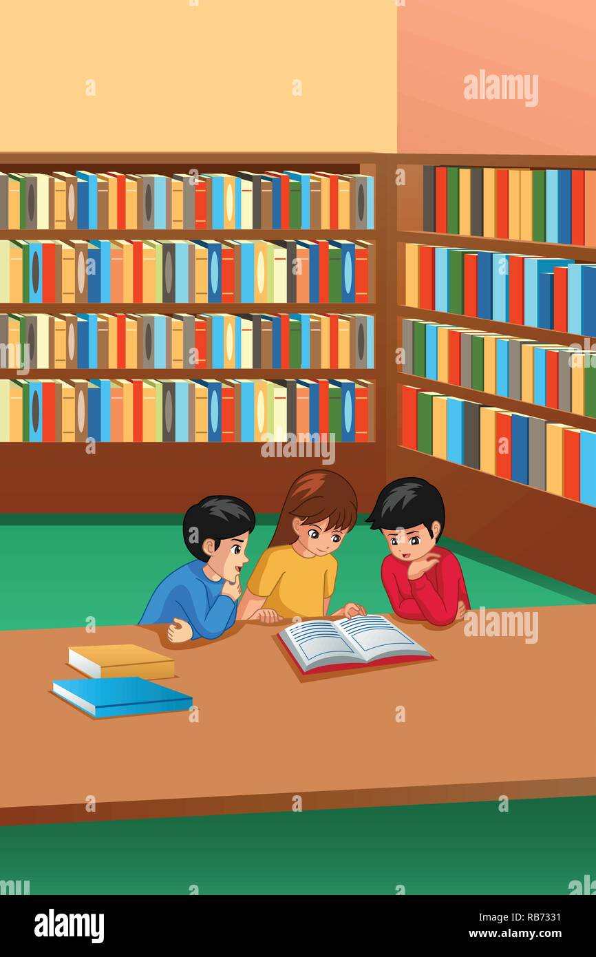 Una illustrazione vettoriale di ragazzi che studiano in biblioteca Illustrazione Vettoriale