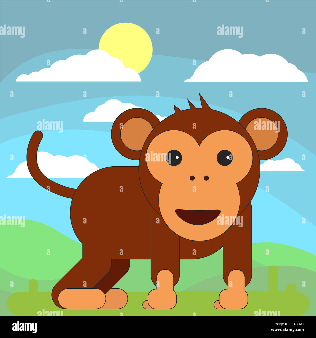 Monkey in cartoon stile piatto sullo sfondo di prati, sole e nuvole. illustrazione su sfondo bianco. Foto Stock