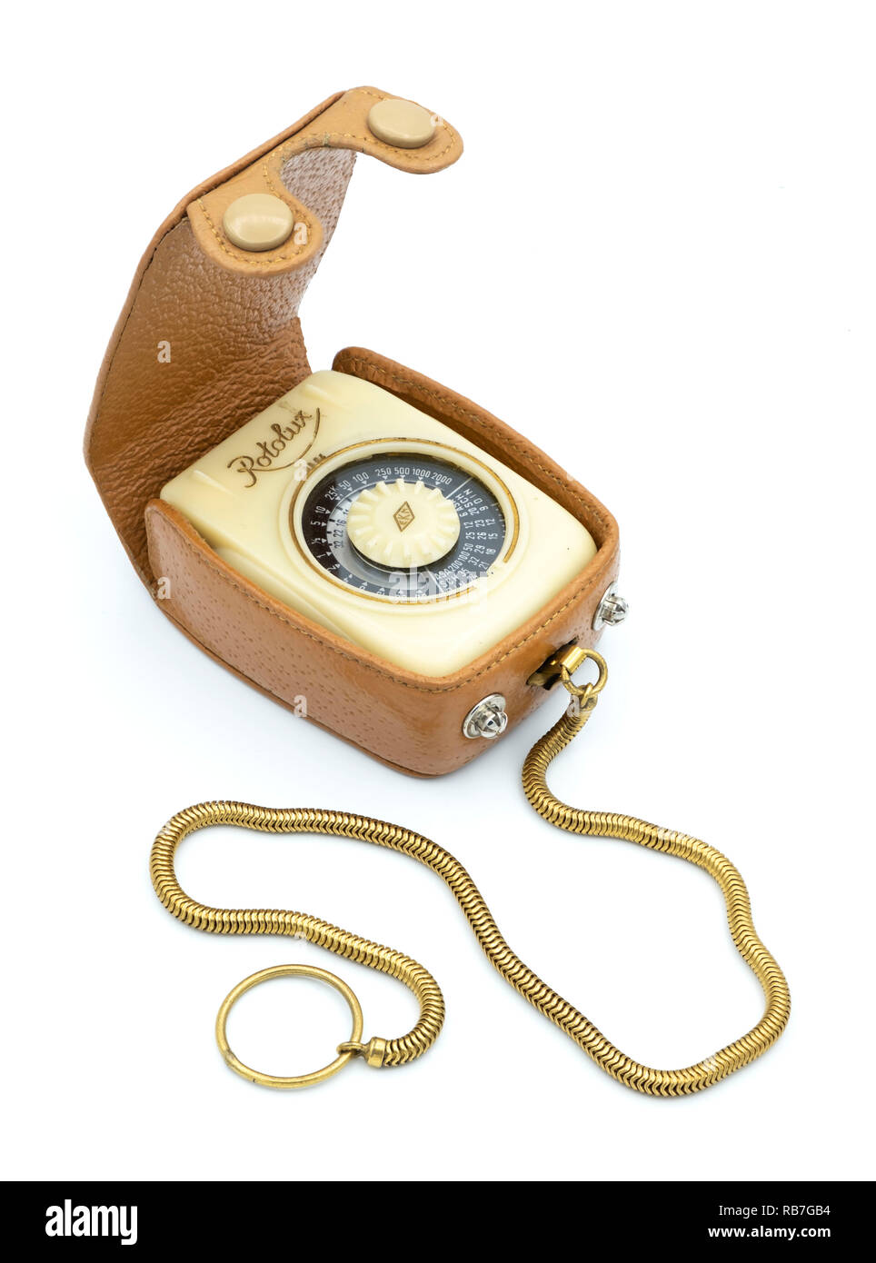 Retro Vintage attrezzature fotografiche Rotalux misuratore di luce ritagliato isolati su sfondo bianco Foto Stock