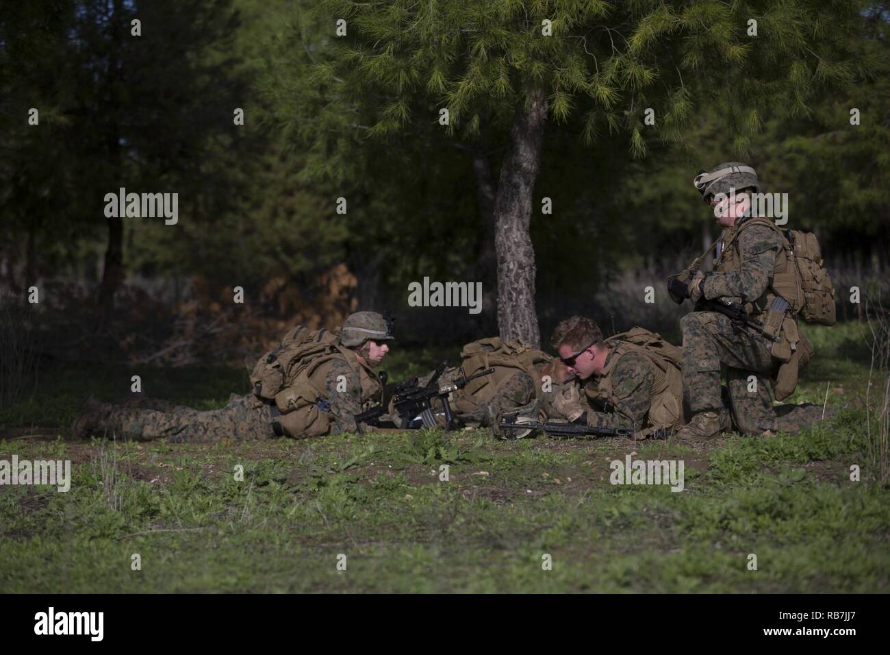 Stati Uniti Marines assegnati a scopo speciale Air-Ground Marine Task Force-Crisis Response-Africa, simulare le procedure adottate quando un marine nella loro squadra viene ferito durante una pattuglia esercitazione in Morón Air Base, Spagna, Dicembre 5, 2016. I marines eseguita di squadra esercizi livello consentendo loro di provare l'impostazione imboscate, azione immediata trapani, e squad comunicazione interna, impostazione della fase di Marines a condurre i futuri plotone-operazioni di livello. Il SPMAGTF è responsabile per dare una rapida risposta ai grandi operazioni militari al fine di proteggere il personale degli Stati Uniti e la proprietà nelle aree o Foto Stock