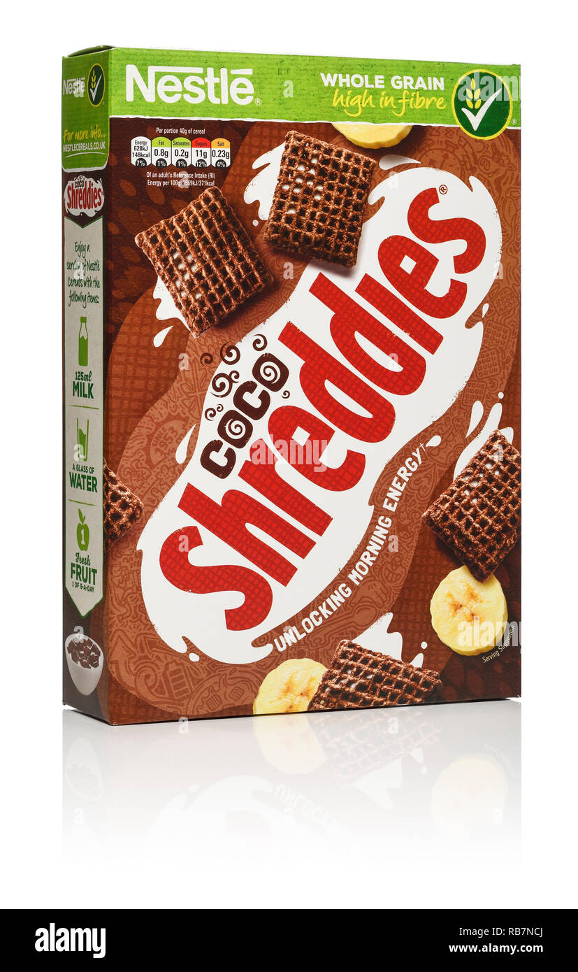 Una scatola di Nestlé Coco Shreddies cereali per la prima colazione Foto Stock