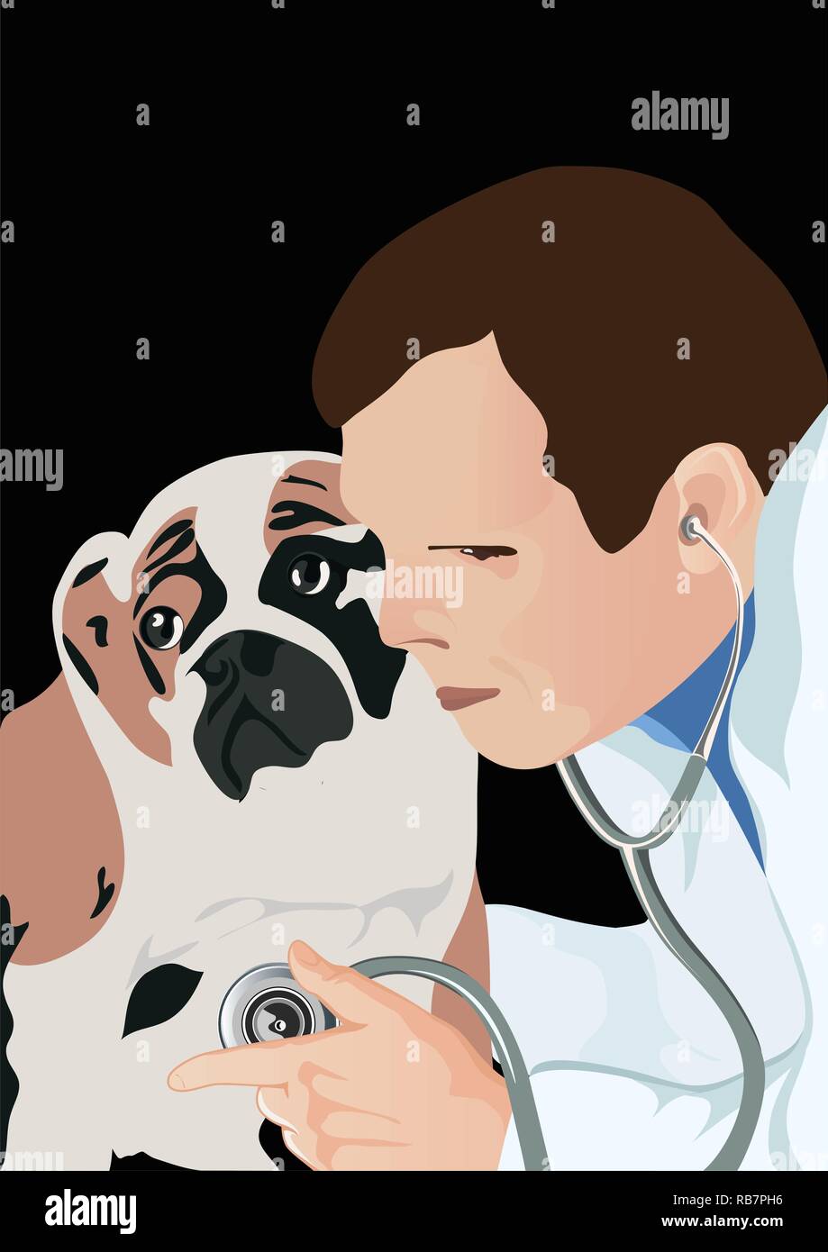 Veterinario con phonendoscope e cane, veterinario esaminando cane e ascoltando con uno stetoscopio durante il checkup, illustrazione vettoriale Illustrazione Vettoriale