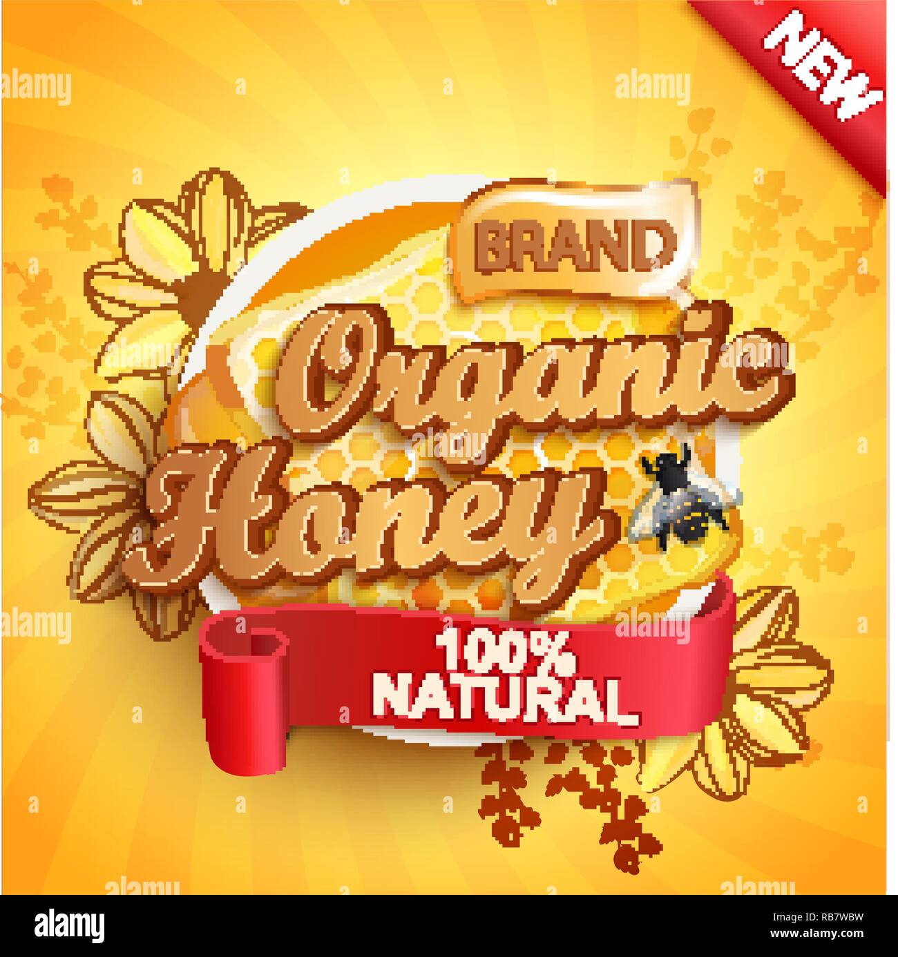 Il miele organico etichetta splash, naturali e freschi su oro sunburst sfondo per il vostro marchio, logo, template, etichetta, emblema per negozi di generi alimentari, negozi, confezionamento e pubblicità, marketing. Illustrazione Vettoriale Illustrazione Vettoriale