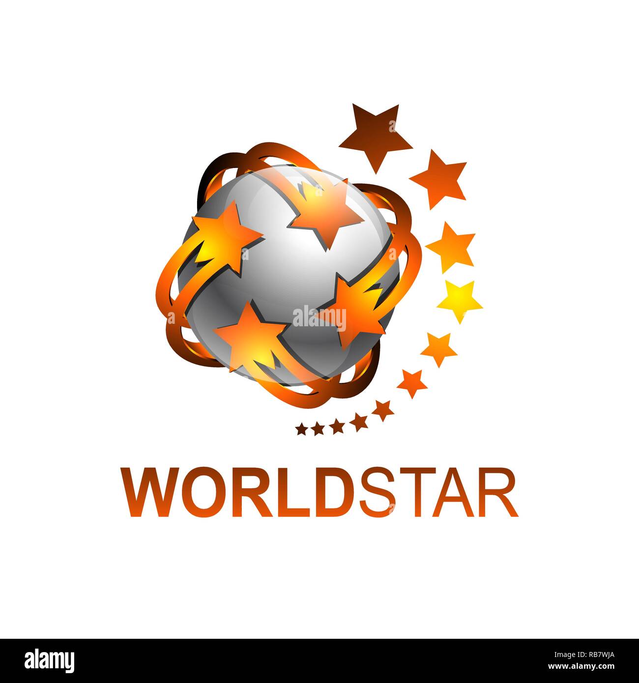 Ruotare la sfera mondo stelle modello logo illustrazione vettoriale. Grigio colore arancione Illustrazione Vettoriale