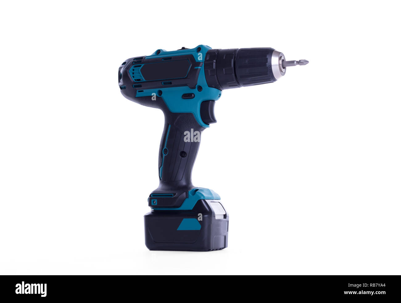 Giraviti a batteria o il trapano elettrico isolato su uno sfondo bianco Foto Stock