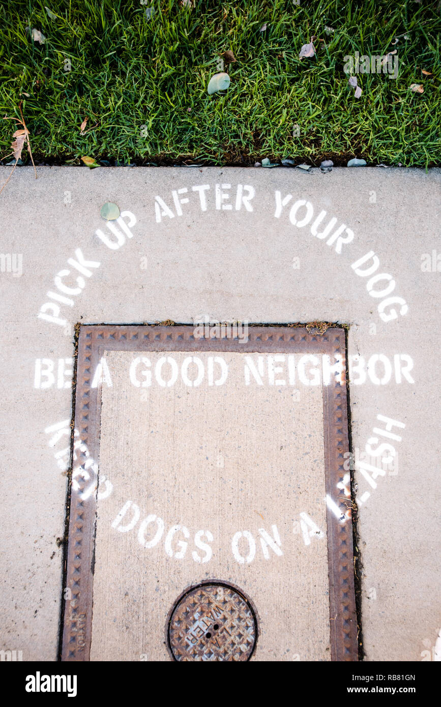 Pick up dopo il vostro cane. Essere un buon vicino di casa. Foto Stock