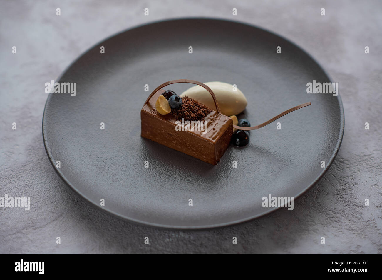 Torta al cioccolato con gelato e mirtilli Foto Stock