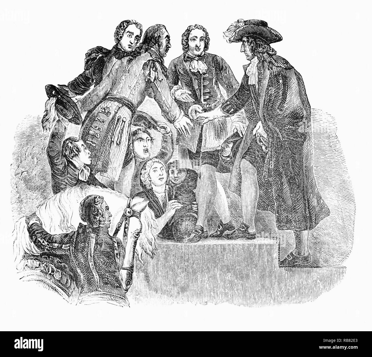 L arrivo di William principe di Orange aka King William III in Torbay, Devon, in Inghilterra dove ha rilasciato la sua famosa dichiarazione "La libertà di Inghilterra e la religione protestante mi manterrà l'. William III (1650-1702), anche ampiamente noto come Guglielmo d Orange, re d'Inghilterra, Irlanda e Scozia dal 1689 fino alla sua morte nel 1702 e informalmente conosciuta come "Re Billy" condivise il trono con Maria II (1662-1694). Storia popolare si riferisce alla loro comune regnare come quello di William e Maria che divenne re e regina regnant seguendo la Gloriosa Rivoluzione. Foto Stock