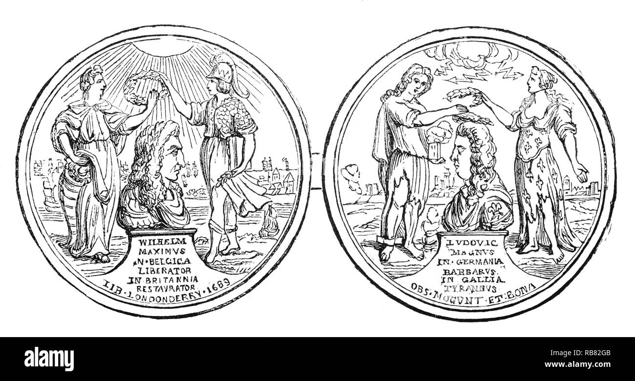 La medaglia coniata per commemorare l'Assedio di Derry, aka Londonderry, il primo grande evento nella guerra Williamite in Irlanda. L'assedio è stata preceduta da un primo tentativo contro la città dalle forze giacobita del 7 dicembre 1688 che è stato sventato quando 13 apprendisti chiuda le porte. Il secondo tentativo ha cominciato quando Giacomo II stesso apparve davanti alle mura il 18 aprile 1689 ed è durato 105 giorni fino al 1 agosto. Si è conclusa dopo le navi portando disposizioni rotto attraverso la città. L'assedio è commemorata annualmente dalla comunità protestante. Foto Stock