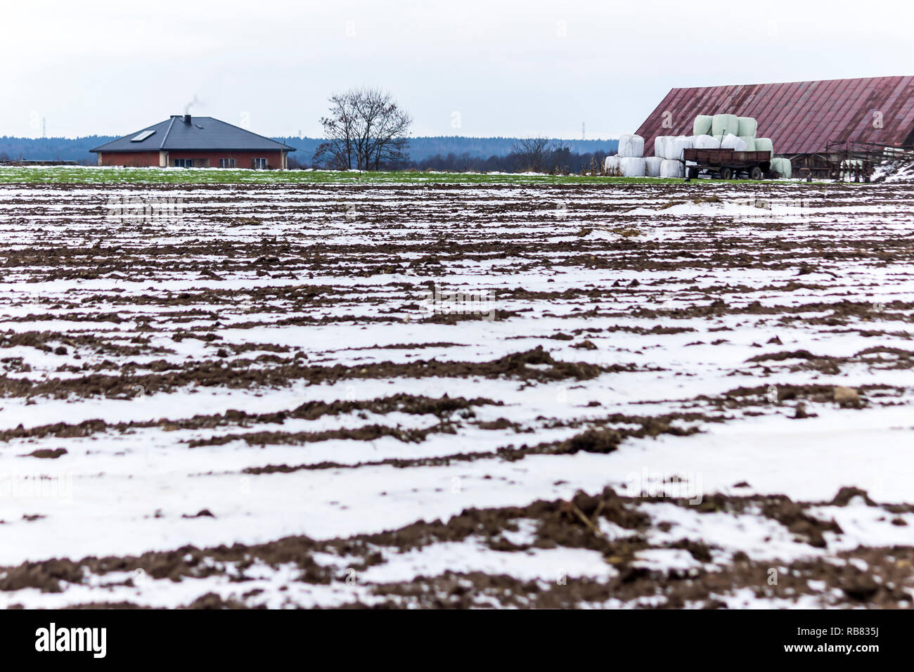 Un po' di neve in un campo arato e pascolo. Casa e fienile in background. L'inizio dell'inverno in Europa. Foto Stock