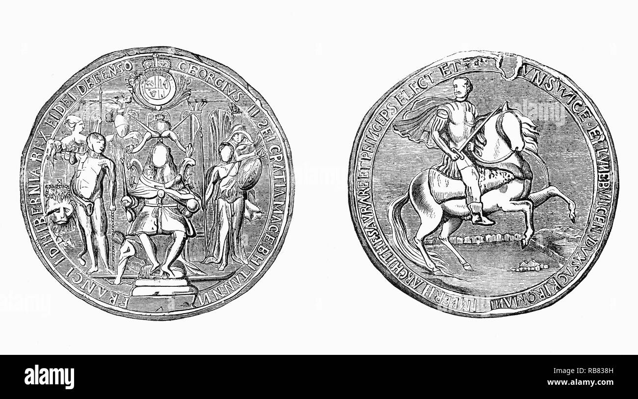 La grande tenuta del realm, utilizzato per mostrare la Monarch approvazione di importanti documenti di stato per George II (1683-1760), re di Gran Bretagna e Irlanda, fino alla sua morte nel 1760. Egli è stato l'ultimo monarca britannico nato al di fuori della Gran Bretagna, essendo nato e cresciuto in Germania settentrionale. Dopo la morte di Sophia e Anne, Regina della Gran Bretagna, nel 1714, suo padre George IO, Elettore di Hannover, ereditato il trono britannico. Foto Stock